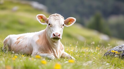 Obraz premium Adorable Young Cow Relaxing in Lush Green Meadow Under Clear Blue Sky : Generative AI