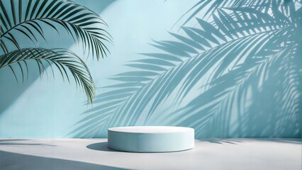 Fototapeta premium Minimal Abstract Background with Blurred Palm Leaf Shadows on Light Blue Wall 