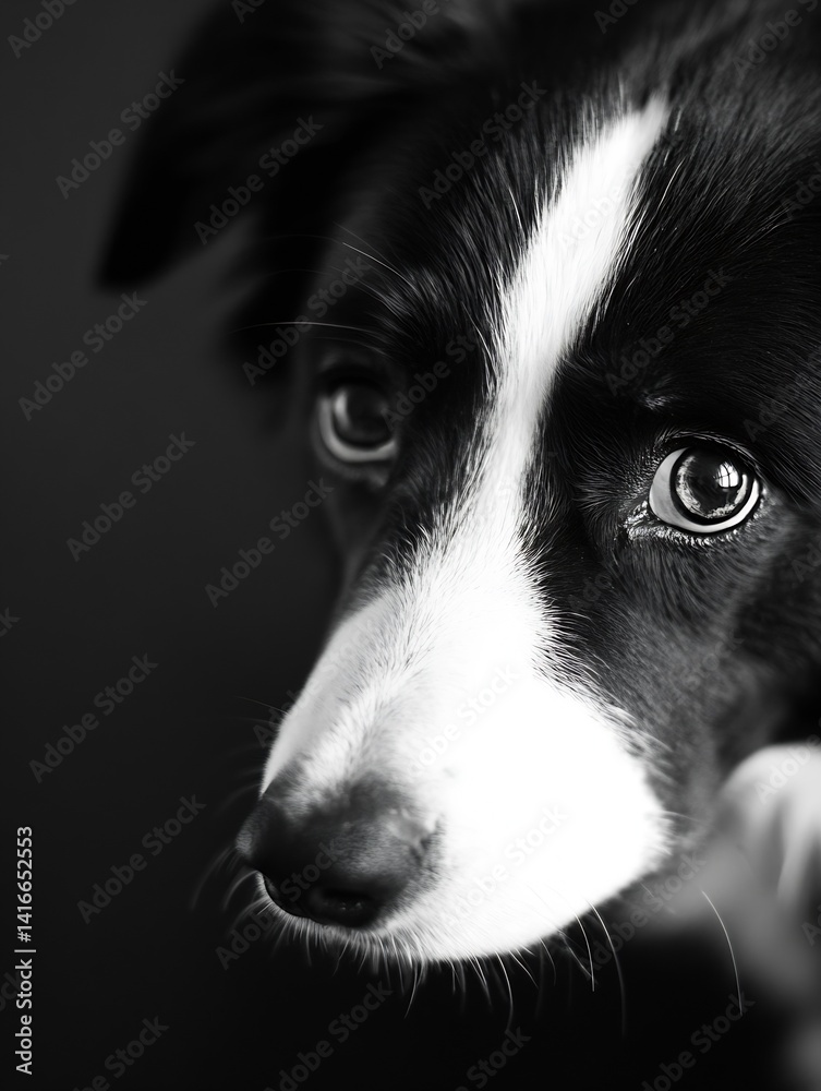 Poster captivating close-up of a beautiful black and white dog expressing emotions and character : generati