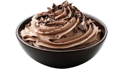 chocolate mousse cream in a dark bowl on white background