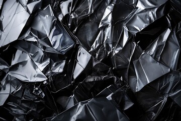 Abstract image of crumpled, dark, reflective material.  Shiny, textured surface