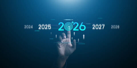Goal Setting in 2026,  Businessman Touching Progress Bar from 2025 to 2026, New Business Startup, Business Growth Goals, New Challenges, Planning and Strategy Creating Growth Opportunities.