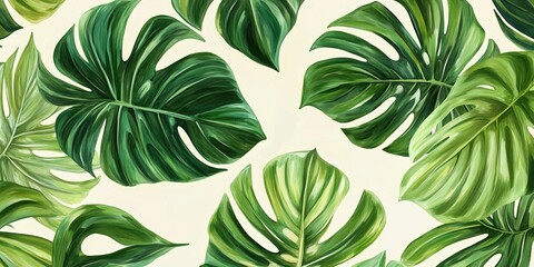 Tropical green leaves pattern with monstera and palm foliage on light background