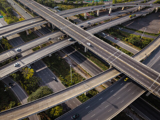 Aerial view intersection transport cross road building with traffic vehicle