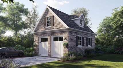 Brick Detached Garage with White Doors and Landscaping