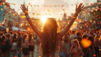 Party girl having fun on Festival, People on music festival in the summer, back view of people.