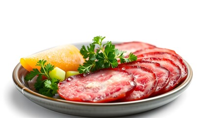 High-Resolution Close-Up of Sliced Meat Cutlets with Garnish Isolated on White Background – Stock Food Photo