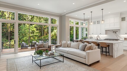 Fototapeta premium Bright, modern living space merges indoors with a green outdoor view