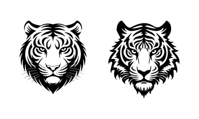 Black and white tiger head vector, minimalist tiger face vector illustration, classic wildlife tiger line illustration.