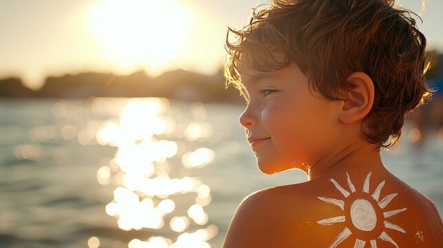 A joyful child enjoys the sun by the water, embodying carefree summer days.