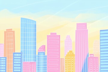 Fototapeta premium Pastel city. Skyscrapers in hues of pink, blue, orange and yellow under a clear sky