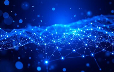 Abstract technology background featuring floating particles and a glowing mesh of interconnected points.