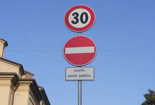 Signs in ztl area in Bergamo, Lombardy, Italy