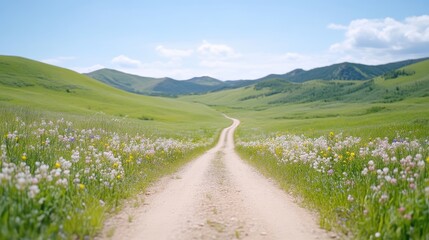 Fototapeta premium Scenic dirt road through a vibrant meadow, leading to rolling hills under a clear sky