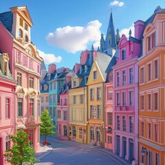 Naklejka premium Colorful European town street with cathedral under bright blue skies and white clouds