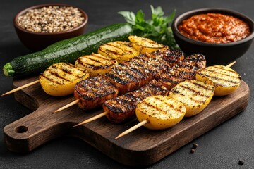Grilled vegetable skewers with seasoned potatoes and dipping sauce on wooden board