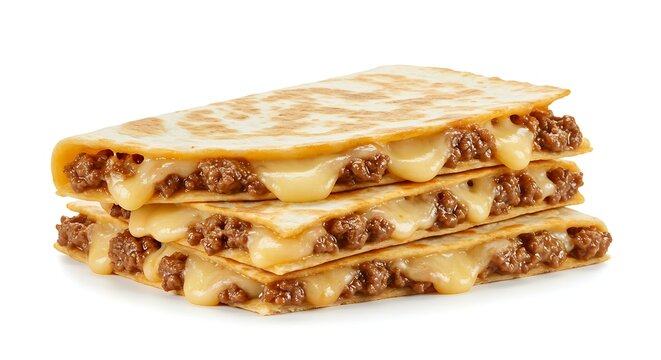 Beef quesadilla stacked on white background
