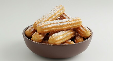Churros with powdered sugar in a brown bowl on a white background