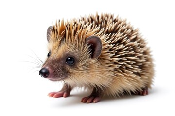 Obraz premium Small brown hedgehog isolated on pure white background, closeup, animal photography, wildlife