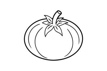 Line art illustration of a tomato with a small leafy stem on top.eps