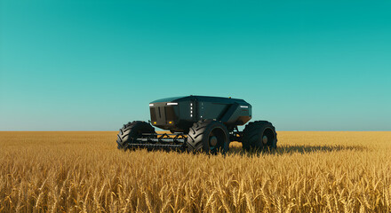 Obraz premium Agricultural Robot Wheeled Vehicle Stands in a Golden Wheat Field Under a Bright Blue Sky