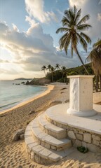 Naklejka premium White stone podium set on a tropical summer beach with a serene sand background. (Podium)