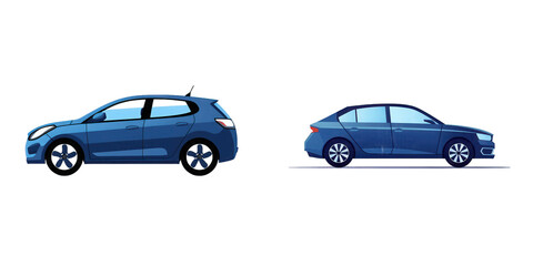 Fototapeta premium Two blue cars side by side showcasing different designs, with a clean background emphasizing their shapes and features, ideal for automotive discussions isolated on white or transparent png