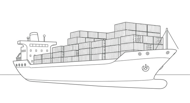 Cargo Ship Coloring Page Outline with Stacked Shipping Containers on Deck Maritime Transport Vessel Illustration