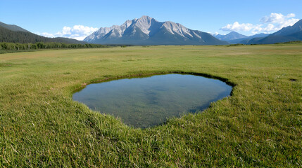 Obraz premium Tranquil pond meadow landscape serene nature scene with mountain backdrop