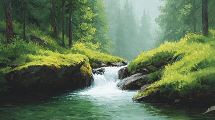 Serene Waterfall in Lush Green Forest Landscape Photography