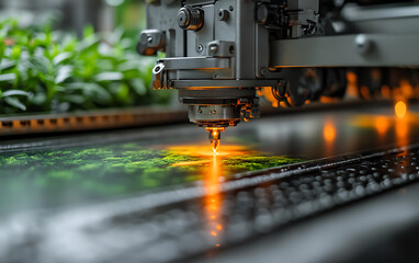 Close up of large digital printer producing high resolution image of green landscape
