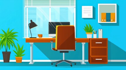 Office interior desk with computer, plants, and window against blue walls