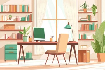 Sunny home office. Bookshelves flank window, desk with computer, plants add fresh life