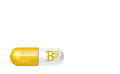 Vitamin B9, Folic acid. Capsule tablet on transparent background. Copy space.