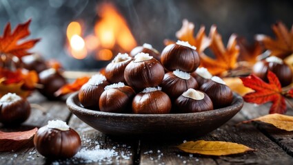Roasted Chestnuts with Salt in Bowl by Fireplace Autumn Scene