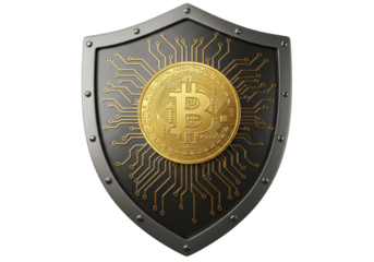 Isolated Metallic Shield with Bitcoin Symbol Embedded
