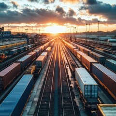Fototapeta premium Sunset over trainyard. Rows of cars aligned by tracks