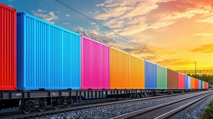 Fototapeta premium Colorful cargo train under a bright sunset against a cloudy sky