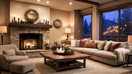 A cozy living room featuring a soft beige sofa with orange cushions, draped with a textured blanket