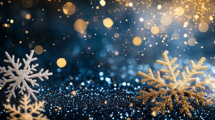 Gold and Silver Snowflakes on Blue Glitter Background