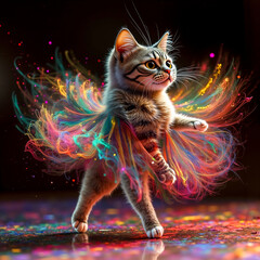 A cat in a colorful dress dancing on a black background