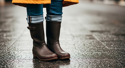 Walking in Rain Boots on Wet Pavement Person Wearing Yellow Jacket