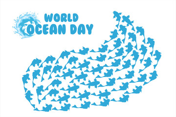 A creative illustration for World Ocean Day featuring a school of fish forming a wave-like pattern. The design highlights marine life and the importance of ocean conservation