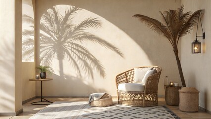 Minimal product placement background with palm shadow on beige plaster wall. Luxury summer interior with a boho home room for product stage mockup. (Podium)