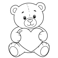 Cute Teddy Bear Line Drawing Holding Big Heart Symbol Simple Outline Design For Kids Coloring Sheets