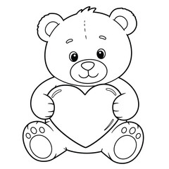 Cuddly Teddy Bear Outline Holding Large Heart Shape Black And White Line Art Illustration For Coloring Fun