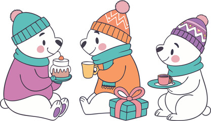 Cartoon Teddy Bears in Winter Clothes Holding Presents |Hand Drawn Winter Teddy Bear Set for Sublimation and Prints |Festive Teddy Bears in Beanies and Scarves for Holiday Projects