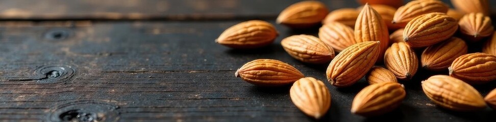 Scattered almonds on dark rustic wood, ample space , detail, close up