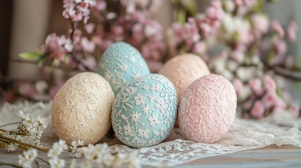 Obraz premium A group of eggs with lace designs on them are arranged on a table