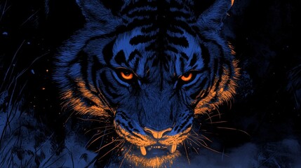 Majestic tiger portrait with fiery eyes and intricate digital painting design in dark tones evokes power mystery and ferocity graphic artwork